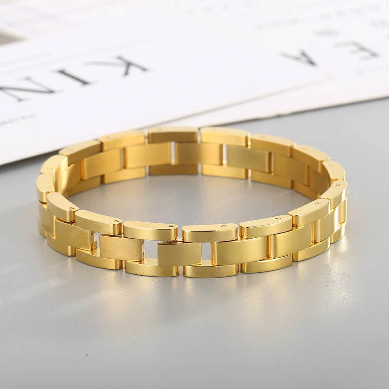 Fongten Watchband Chain Women Men Bracelets Rhinestone Stainless Steel Wrist Charm Bangle Bracelet For Men Gold Color Jewelry