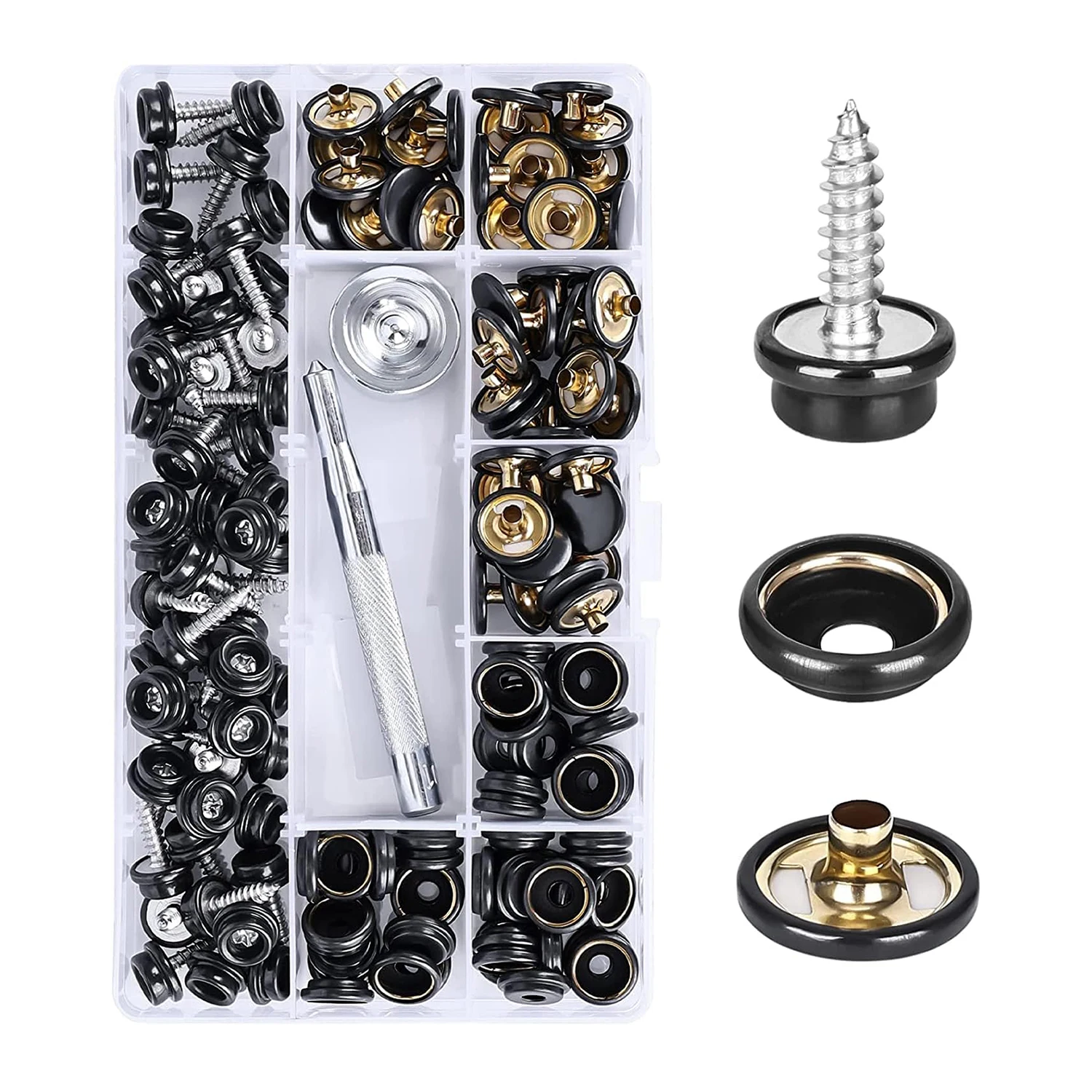 150-teiliges Set mit 3/8-Zoll-Sockel-Leinwand-Druckknöpfen in Marinequalität und Polster-Bootsabdeckungs-Druckknopf-Befestigungswerkzeug mit 2-teiligem Einstellwerkzeug