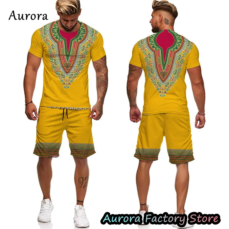 Men's Summer African Dashiki Tracksuit Vintage Ethnic Printing T-Shirt Shorts Set Oversized Outfit Outdoor Clothing Streetwear