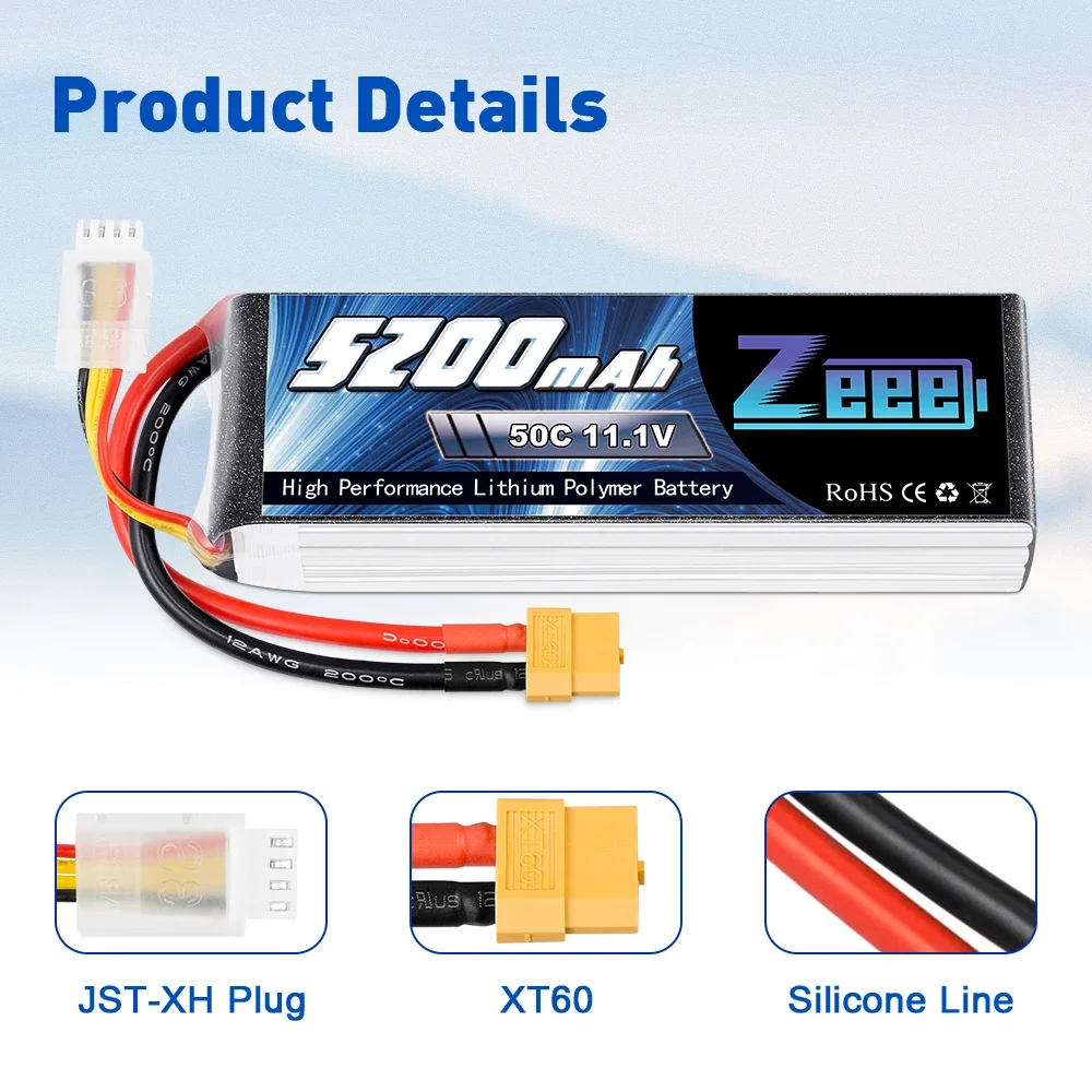 Vue de côté de la batterie LiPo Zeee 5200mAh avec étiquette indiquant les spécifications.