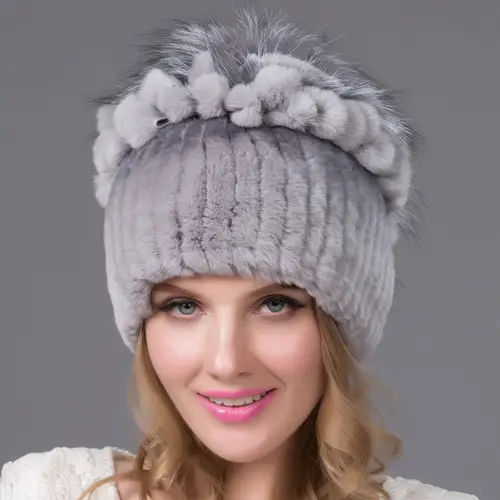 New High-Quality Warm Rabbit Fur Hat Fashionable Fox Fur Knitted Ear Protection Floral Fur Woven Hat - Image 6