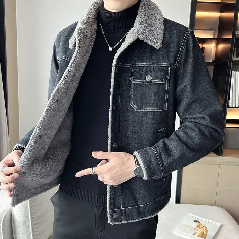 

Denim Jackets Man Padded Wool Padding Jeans Coat for Men Cargo Warm Gray with Sheep Original Washed Elatic Menswear Low Cost Y2k