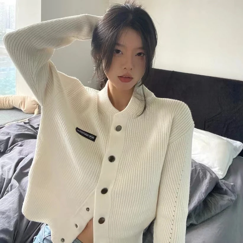 여성용 심플 가디건 크로셰 탑, 회색 니트 하이 O넥 단추 스웨터 코트, 가을 겨울 트렌디 캐주얼 시크 두꺼운 신상