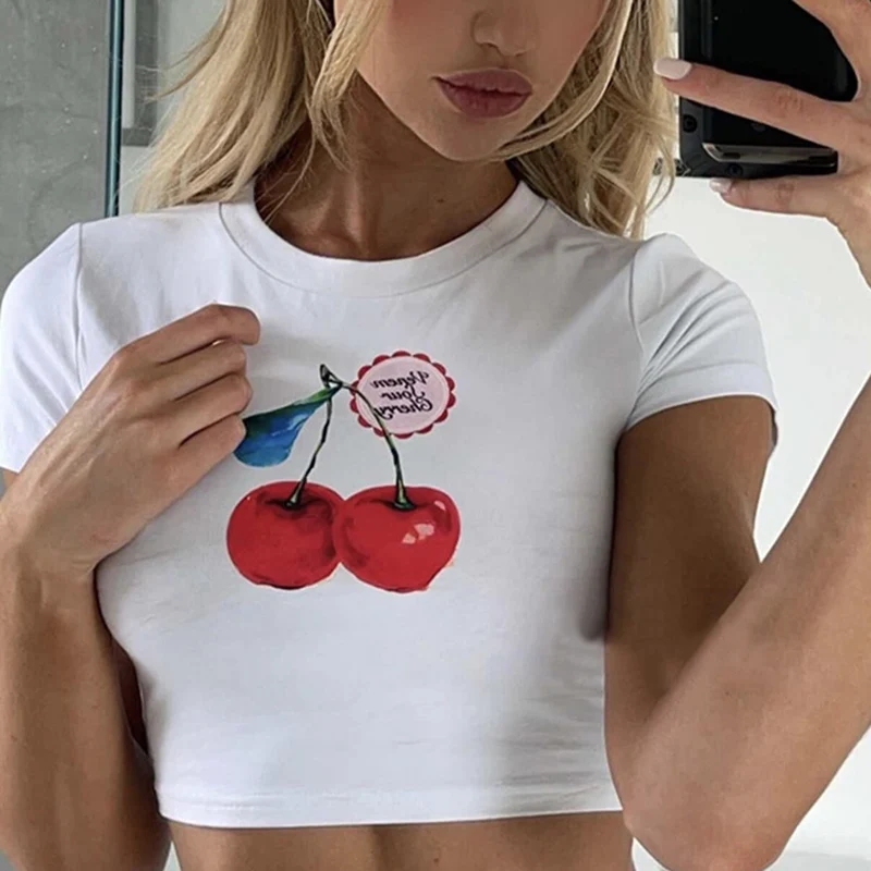 

Aesthetic Fashion Cherry Cropped Cute White Print Baby Tee Y2K Clothes Streetwear Vintage Short Sleeve Crop Top Women T-shirt