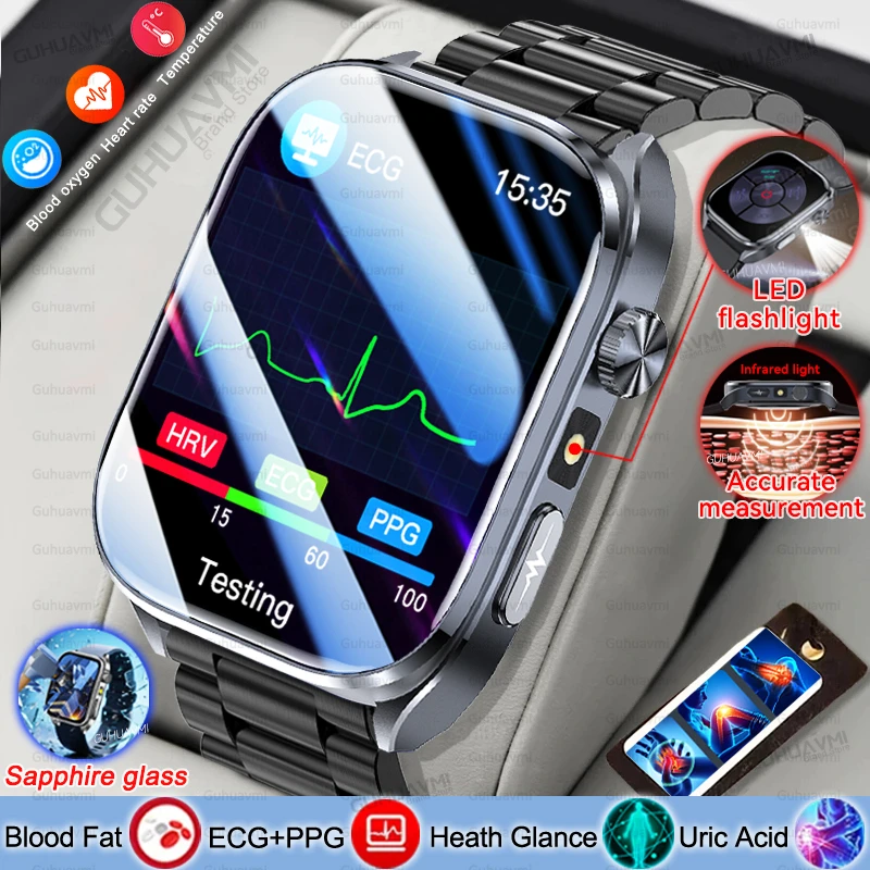 2025 New ECG+PPG Clock Women Men Uric Acid Blood Pressure Blood oxygen Body Analysis Body Fat BT Call LED Flashlight Smartwatchs