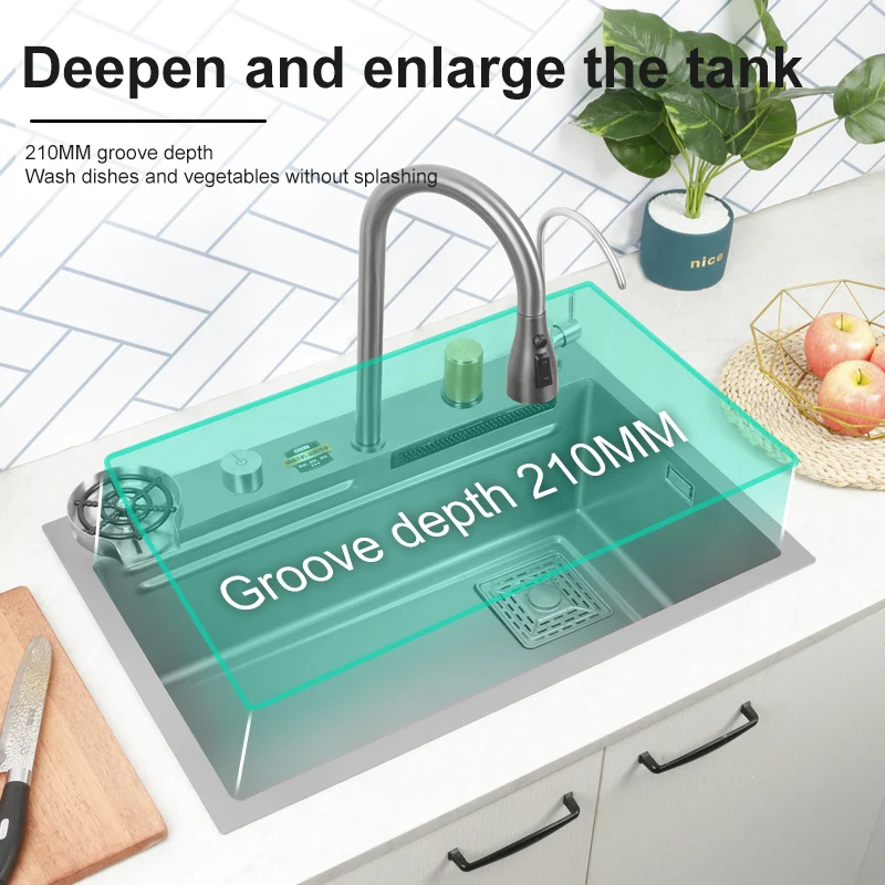 New Gray Nano Waterfall Kitchen Sink 304 Stainless Steel Sink Large Single Slot With Waterfall Faucet For Kitchen Renovation