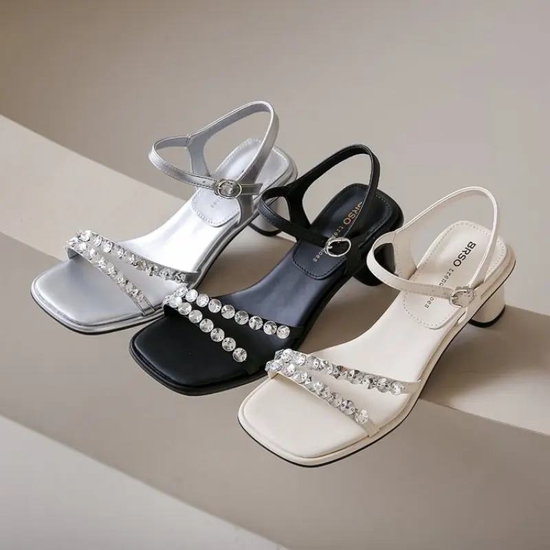 Women's Sandals 2024 Summer New White PU Square Toe Crystal Strap Buckle High Heels Acrylic Stiletto Fashion Party Women Shoes