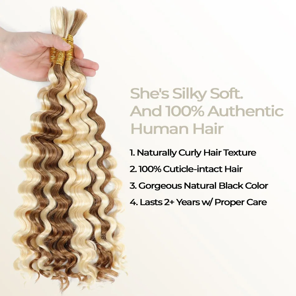 Blonde Deep Wave Human Braiding Hair Micro Crochet Curly Braiding Human Hair No Weft Bulk Knotless Bohemian BoxBraid 27/613 human hair extensions