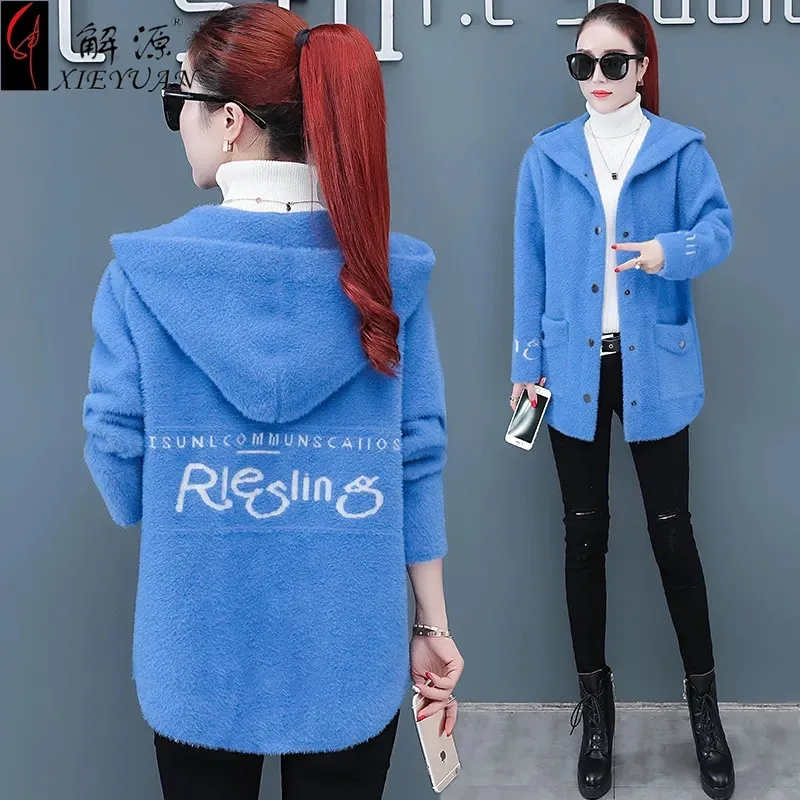 

Korean Hooded Mink Fleece Jacket Women Autumn Winter Thick Imitation Gold Cashmere Sweater Cardigan Casual Soft Knitted Coat 314