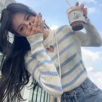 Women's Heart Stripe Knitted Sweater Spring Autumn Hollow out Slim Fit Base irt round Ne Long Sve ort Length Thin Model