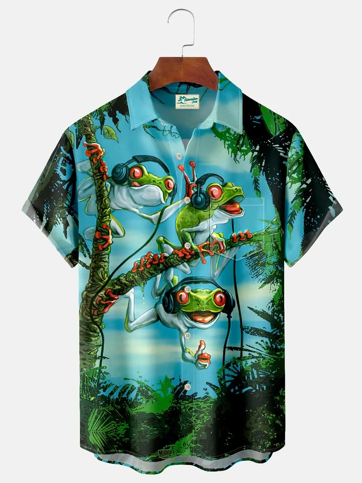 Funny Frog Shirt for Men Polo Neck Button Short Sleeve Casual