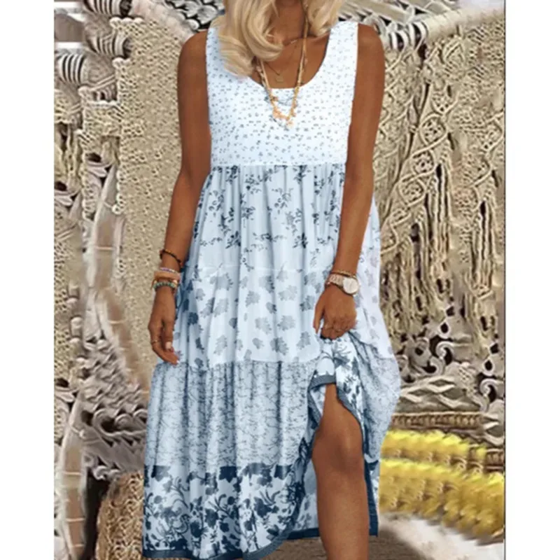 

Sleeveless Printed Dress for Women Summer Casual Round Neck A-Line Stitching Contrast Pink Flowers Lady Dresses Small Fresh