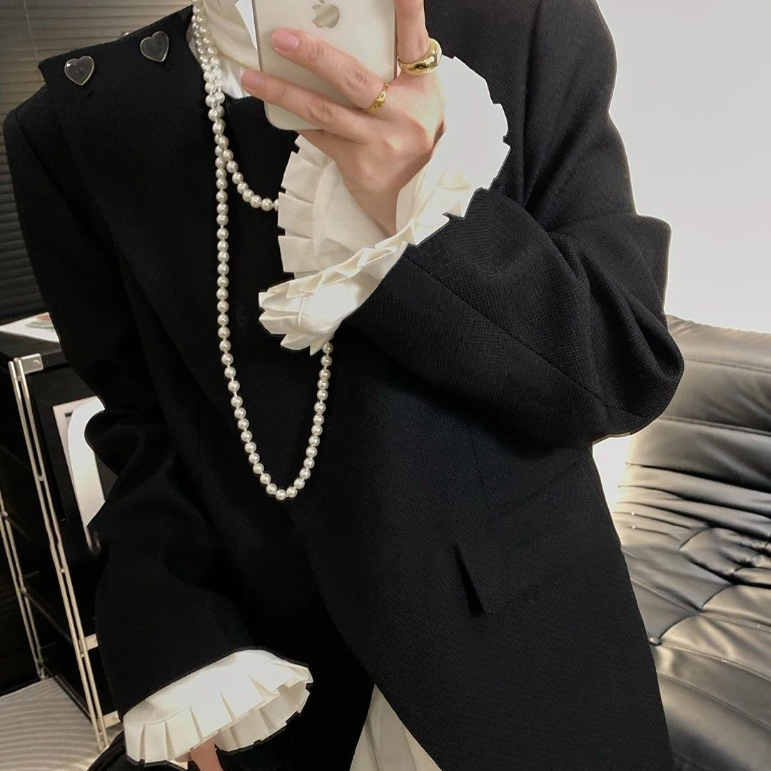 Women's Spring New Love Texture High Order Suit Fashion French Ruffle Edge Shirt  blazer women  tweed