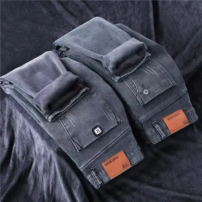 2024 New Fashion Winter Open Crotch Outdoor Sex Jeans Slim Fit Stretch Thick Velvet Pants Warm Denim Casual Fleece Trousers Male