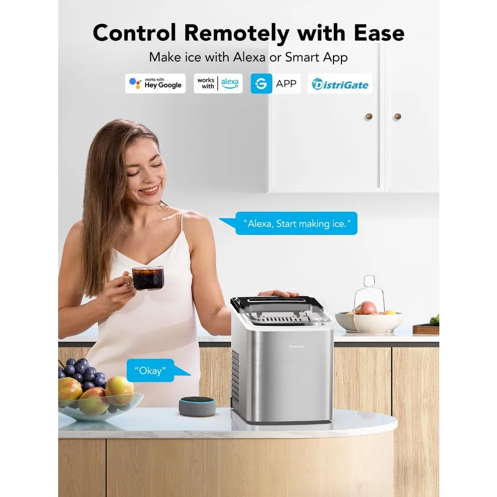 Smart Countertop Ice Makers, Portable Ice Maker Machine with Self-Cleaning, 6 Mins 9 Bullet Ice, 26lbs/24Hrs, Voice Remote for