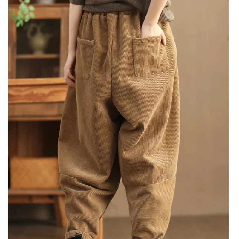 Women Autumn Winter Korean New High Waist Corduroy Harlan Pants Fashion Design Solid Pocket Splicing Fleece Warm Versatile Pants