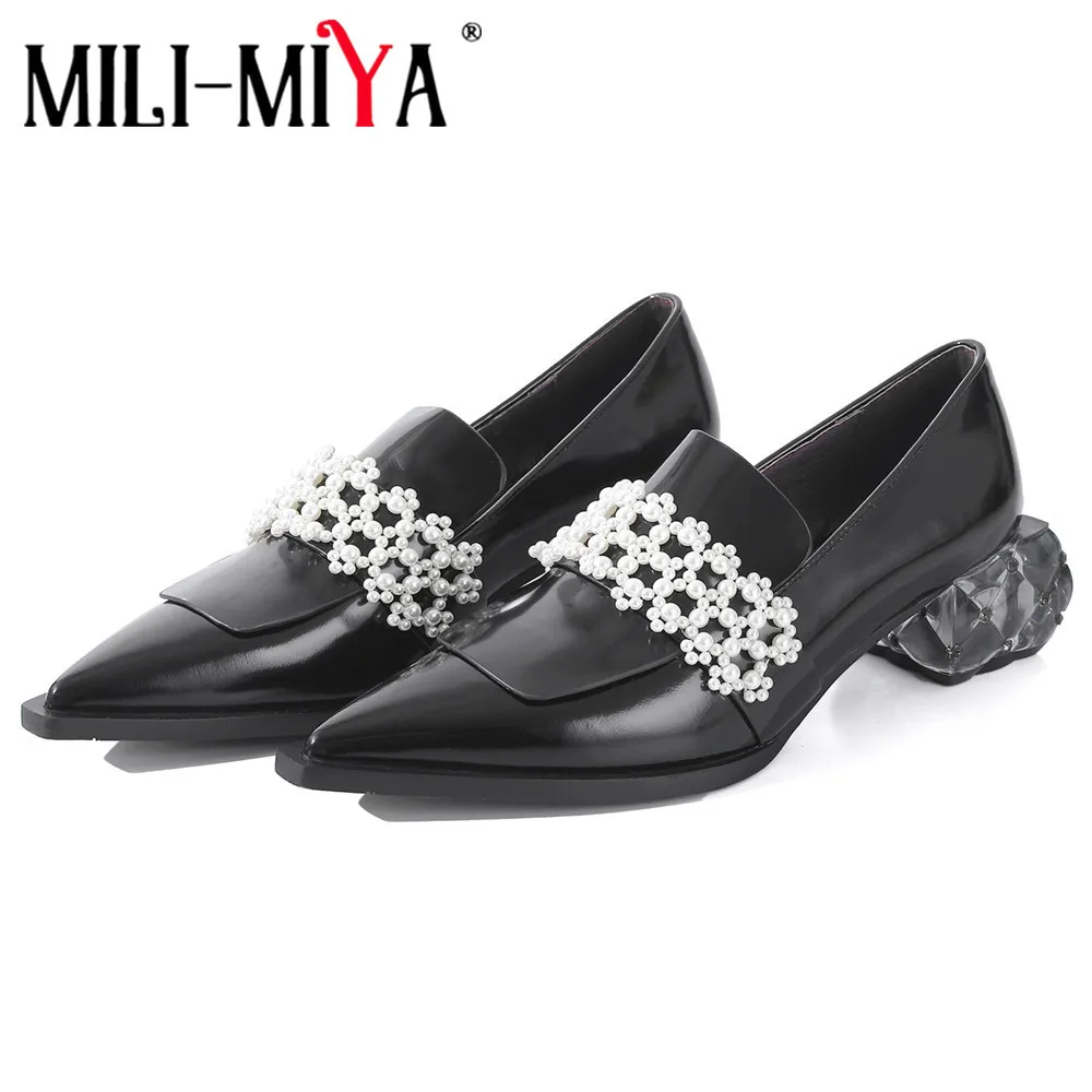 

MILI-MIYA Fashion Sexy Pointed Toe Women Full Genuine Leather Pumps Slip On Crystal Thick Heels String Bead Plus Size 34-42