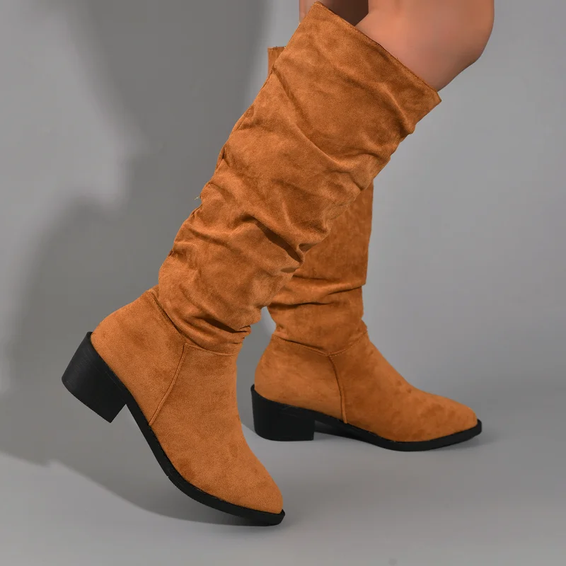 

New High Quality Pleated Women's Boots Nude Knee High Boots Autumn Winter Simple Sexy Dress Sewing Ladies Shoes
