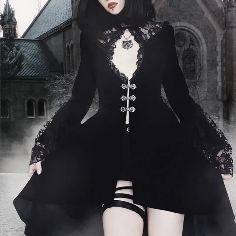 

Vintage Black Gothic Dress Women Elegant Cutout Lace Asymmetric Dress Lace Patchwork Steampunk Party Costume