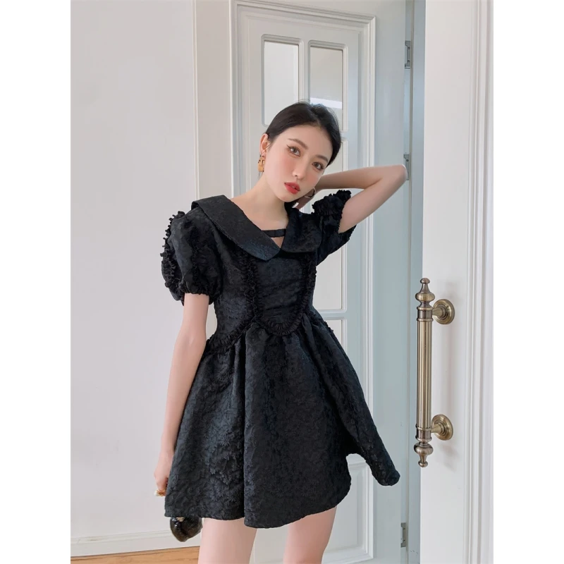 

Summer Printing Black Women Academic Short Sleeved Puff sleeve Style Spicy Girl Short Irregular A-line Skirt Elegant Ball Dress