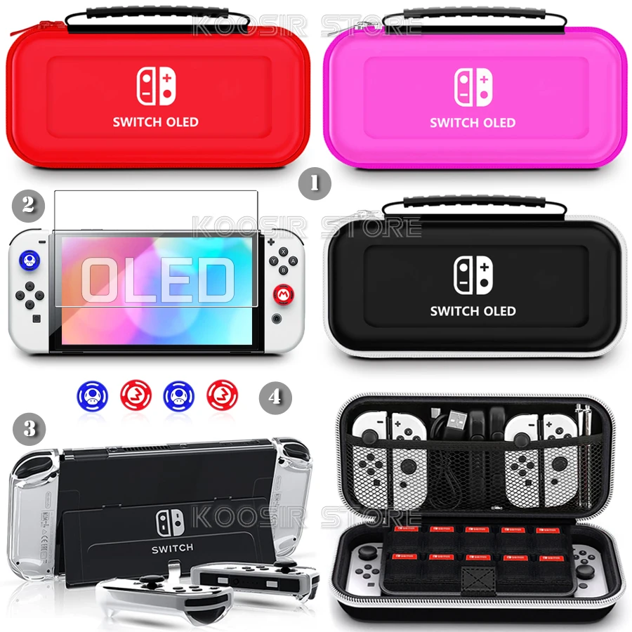 Nindodoswitch Oled Borsa Da Trasporto Accessori Set Pc Clear Shell Case + Proteggi Schermo Per Nintendo Switch Oled + Joycon Grips