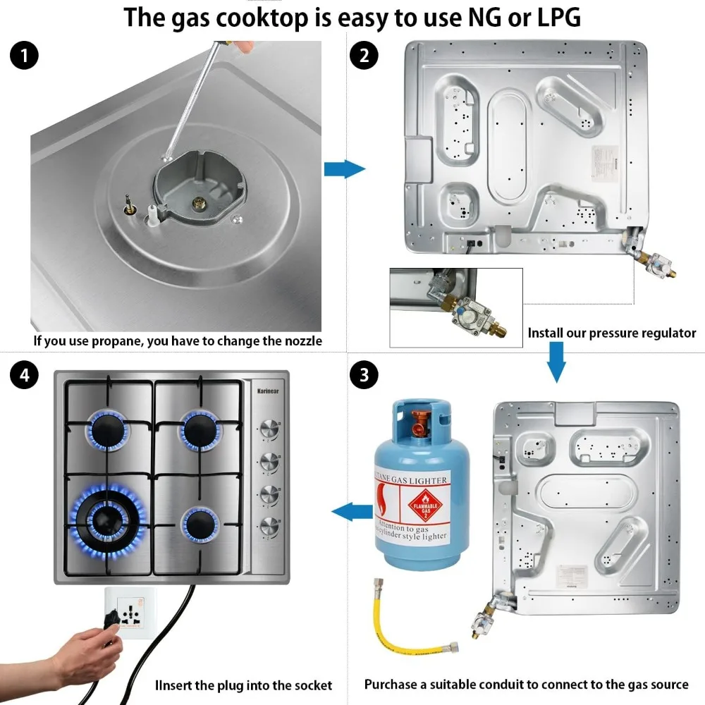 24 Inch Gas Cooktop 4 Burners, Built-in Stainless Steel Gas Hob, NG/LPG Dual Fuel Stovetop with Thermocouple 4