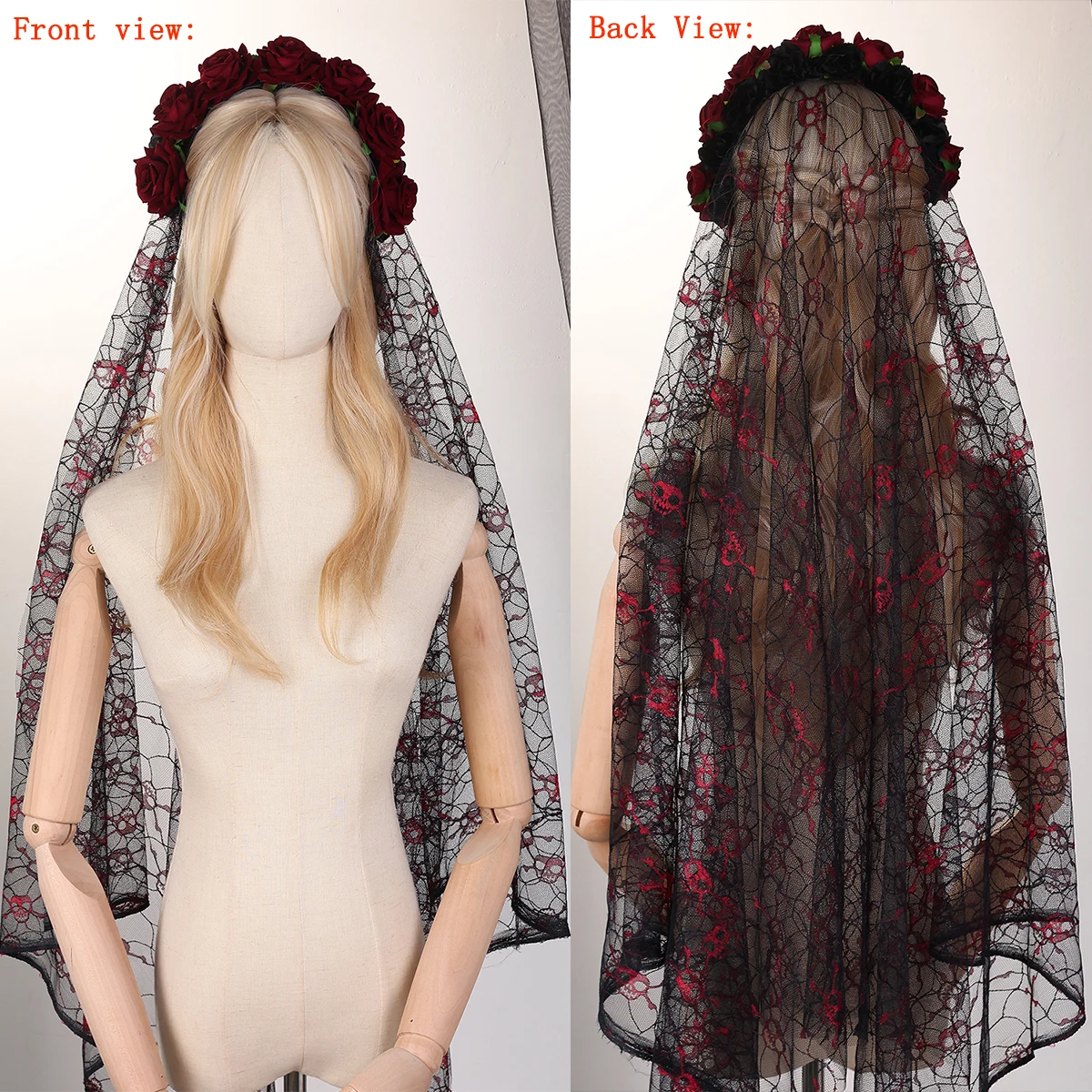 Barock Vintage Schwarz Rot Rose Blumen Haarband mit Schleier Totenkopf Spinnennetz Muster Brautschleier Halloween Party Haarschmuck – Detail 13