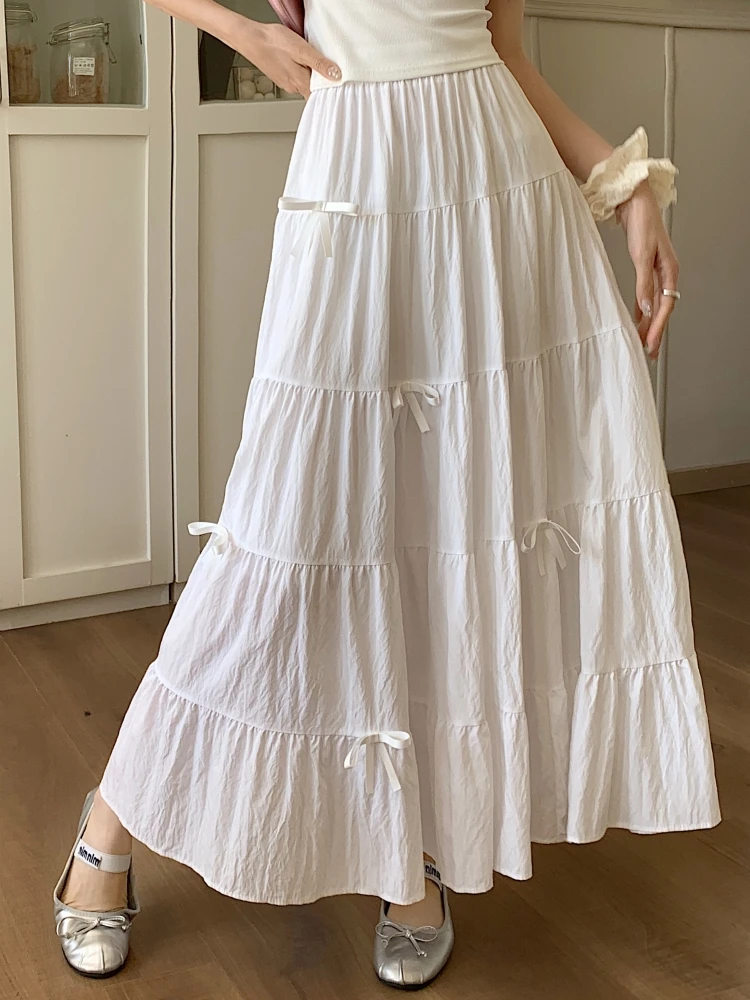 

Qiukichonson Bowknot Midi Long Skirt Women 2024 Korean Sweet Spring Summer High Waisted Ruffle A-Line Pleated Skirt White Black