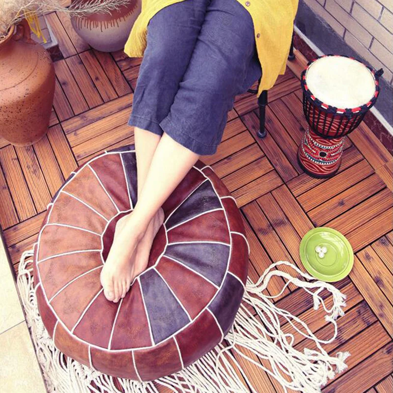 모로코 스타일 발 받침대 커버 오토만 빈백 소파 커버 거실 PU 가죽 푸프 발 받침대 쿠션 다다미 의자 홈 데코