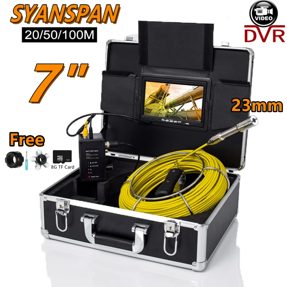 

Pipe Inspection Camera DVR 7" Monitor HD 1080P 8GB 20/30/50/100M SYANSPAN 23mm IP68 Drain Sewer Pipeline Industrial Endoscope