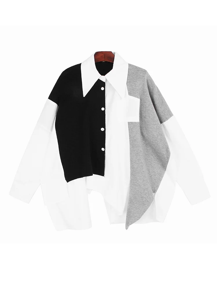 

Women Brown Knitting Irregular Big Size Blouse New Lapel Long Sleeve Loose Shirt Fashion Tide Spring Autumn 2022 C664