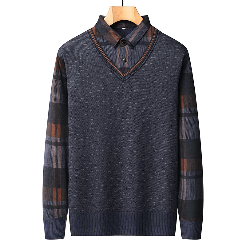 New Autumn Winter Sweaters Men's Velvet Pullover Knitted Bottom Shirts Men's Polo Pullover Wine Red Fleeced Knitwear 4