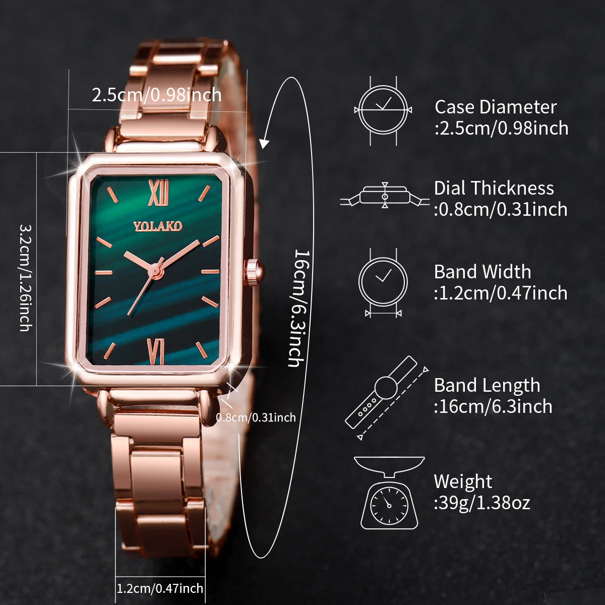 5PCs/Set Classic Women's Watch Set Fashion Stainless Steel Rectangular Dial Green Watch Bracelet Set