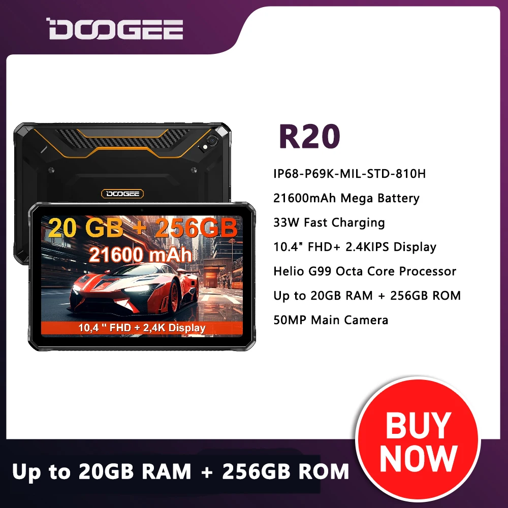 

DOOGEE R20 10.4" 2.4K Display Rugged Tablet 21600mAh 20GB (8GB+12GB) 256GB Helio G99 Octa Core 50MP 33W Fast Charge Android 13