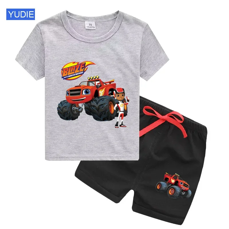 Conjunto de t-shirts e shorts para bebês e meninas, roupas de desenhos animados, velocidade incrível, carros, máquinas monstro, crianças, terno 2pcs, verão 7