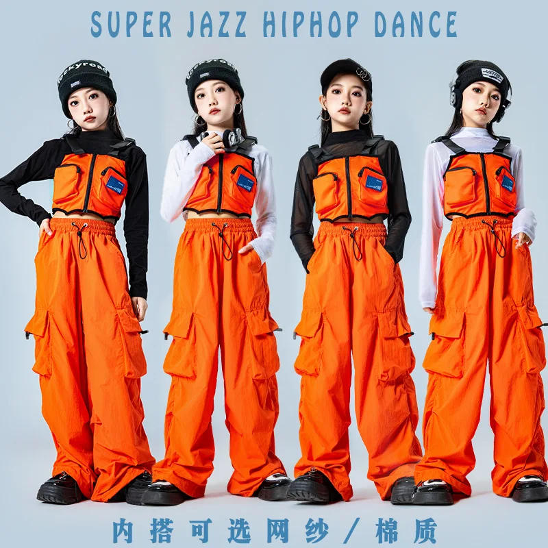

Fashion Orange Vest Cargo Pants For Girls Jazz Dance Costumes Kids Cool Hip Hop Clothing Street Wear Kpop Stage Outfit SL9607
