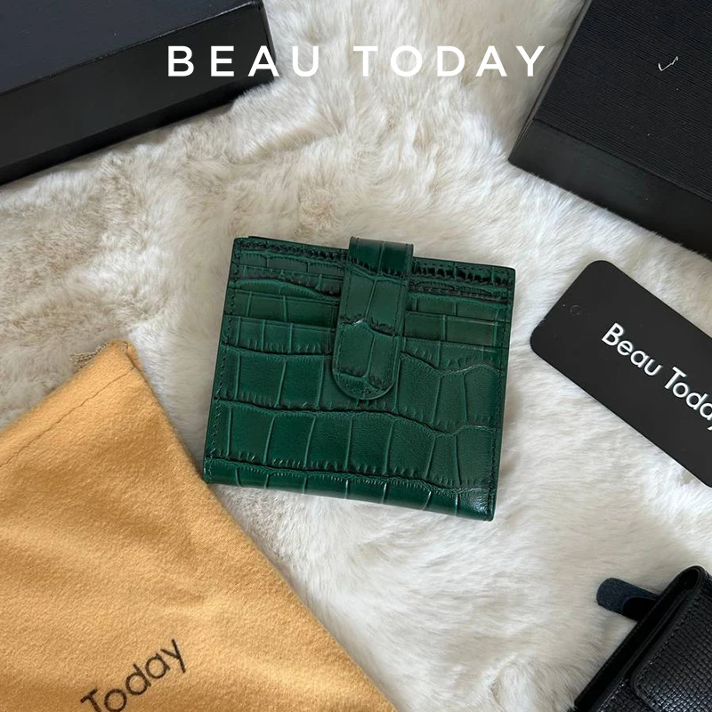 

BeauToday Clutch Wallets Women Genuine Cow Leather Alligator Print Solid Color Hasp&Side Zipper Ladies Mini Purse 60005