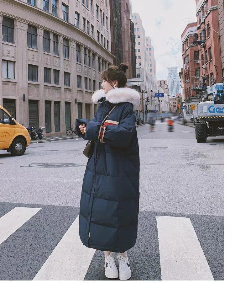 2023 Winter New Popular 90% White Duck Down Long Over Knee Navy Large Fur Collar Hooded Down Coat Women's Thick Coat