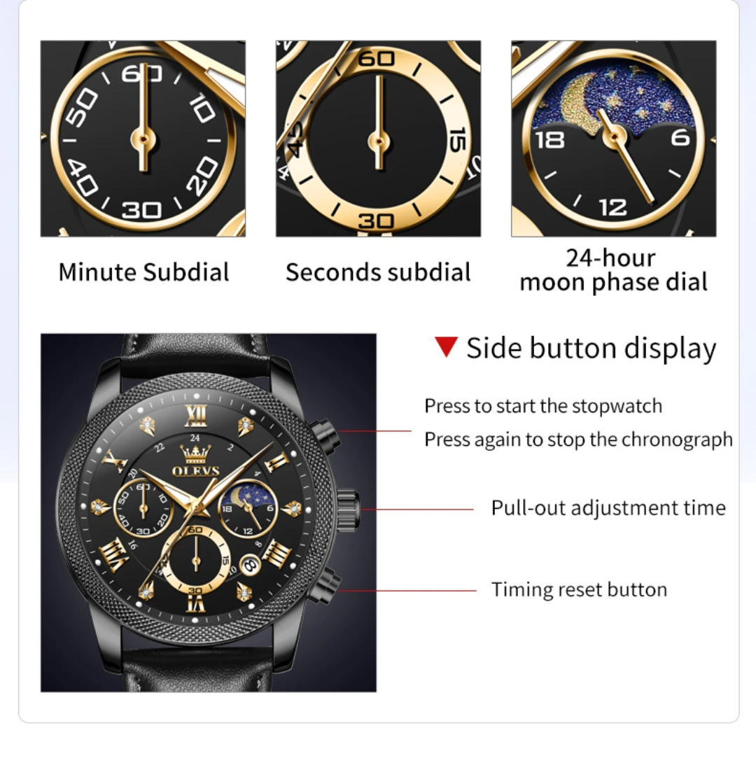 OLEVS 3660 Leather Chronograph Watch For Mens description image 7