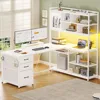 Shaped Computer Desk, 58'' Office Desk with 3 Drawers and Bookshelf, L Shaped Corner Desk with Storage Shelves and LED 1