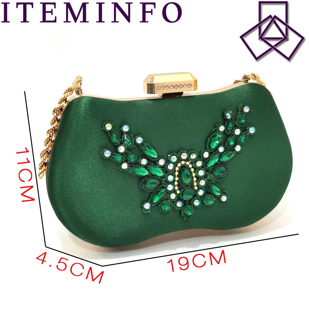 2023 New Mary Jane Design African Women Shoes and Bag Set Green Color with Shinning Crystal for Wedding Party