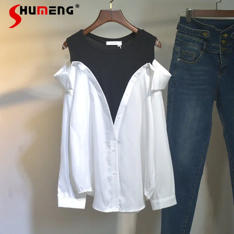 Vest Stitching Off Shoulder White and Black Colorblock Women Clothing Femininas O Neck Long Sleeve Pullover Shirt Blouses Spring