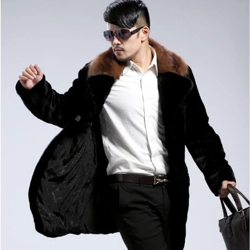 Winter Faux Fur Coat Men Thick Warm Trench Coat Long Sleeve Single-breasted Suit Collar Fur Coat Plus Size Slim Jackets