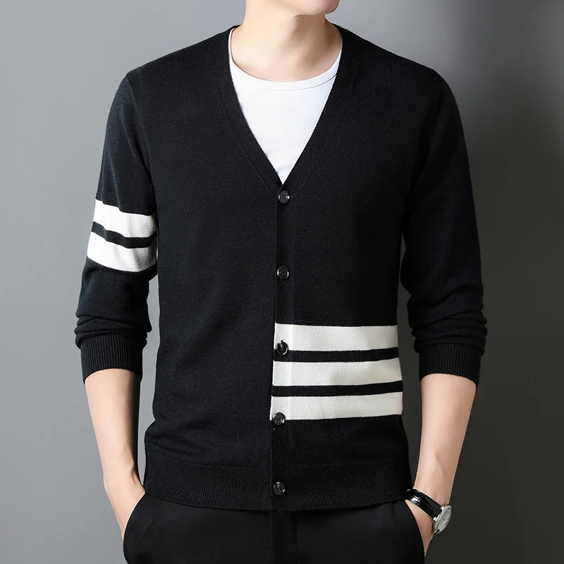 

Luxury Quality Men's Knitted Cardigan 2023 Autumn/Winter V-Neck Stripe Classical Long Sleeve British Trend Fashion Warm Sweater