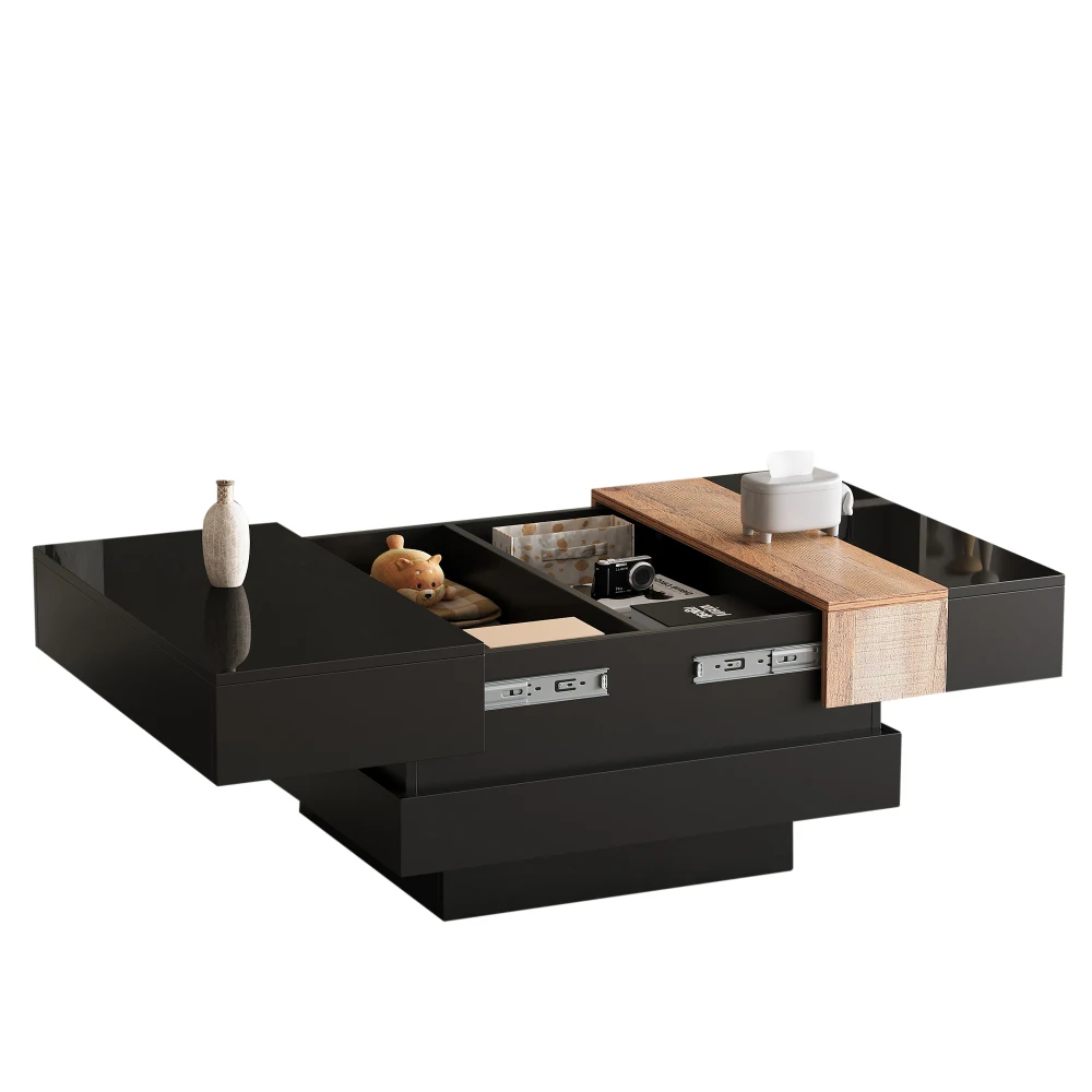 Moderner, hochglänzender, quadratischer Couchtisch, 70 x 70 x 39 cm, ausziehbares Design mit versteckter Stauraum, Farbblock-Wohnzimmer-Beistelltisch – Detail 21