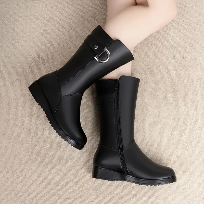 Winter Boots Genuine Leather Female Boots High-heeled Women Long Boots Warm Snow Boots Lady Fashion Non-slip Thick-soled Boots