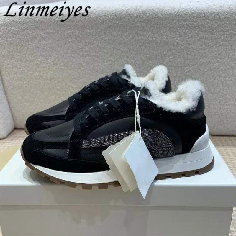 Women Casual Sneakers Round Toe Lace Up Flat String Bead Suede Leather Running Shoes Winter Wool Warm Sports