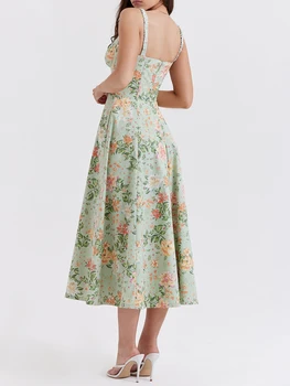 Women Summer Casual Midi Dress Floral Print Low-Cut Sleeveless Sling Sweet Dress Fashion Backless Temperament Dress 2