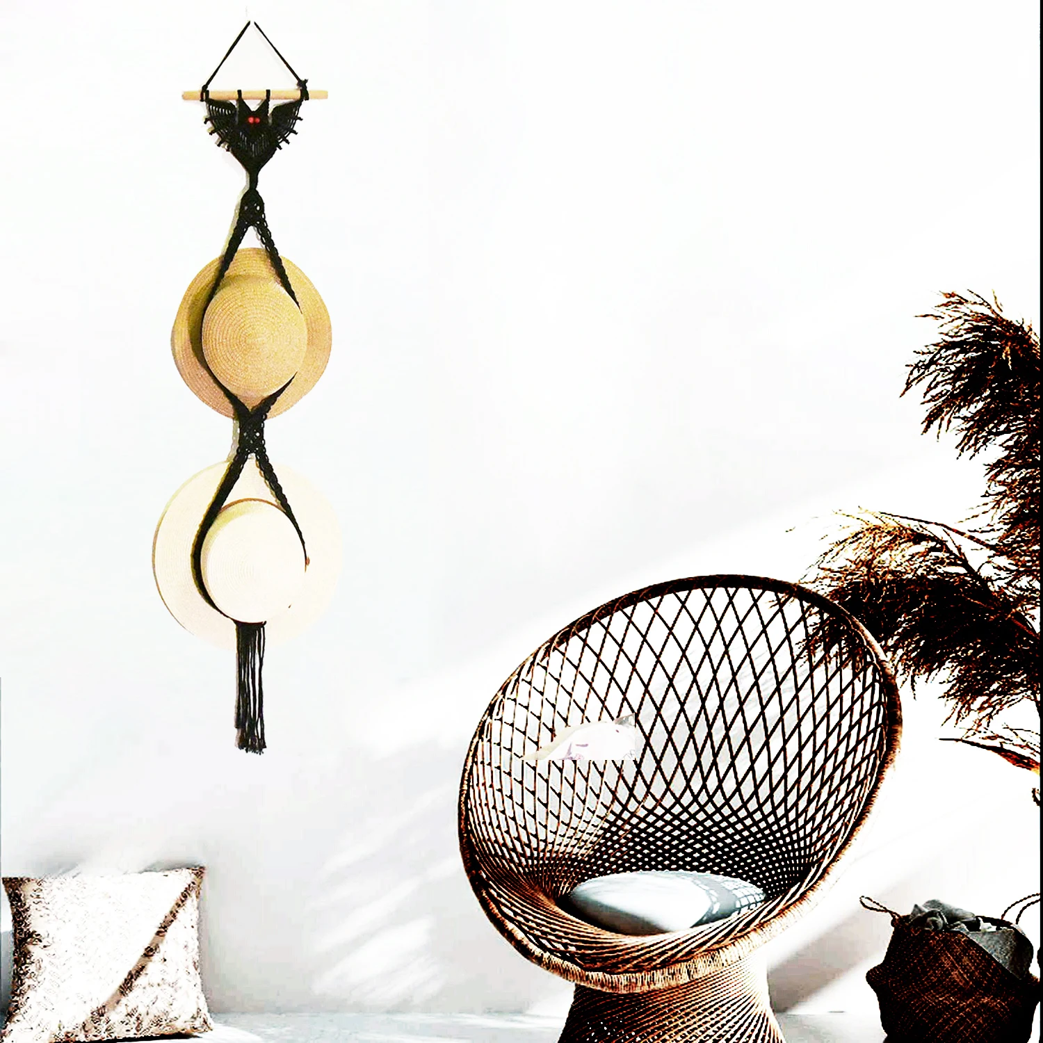 handmade macrame hat holster bat shape hat hanging shelf on wall for home decoration
