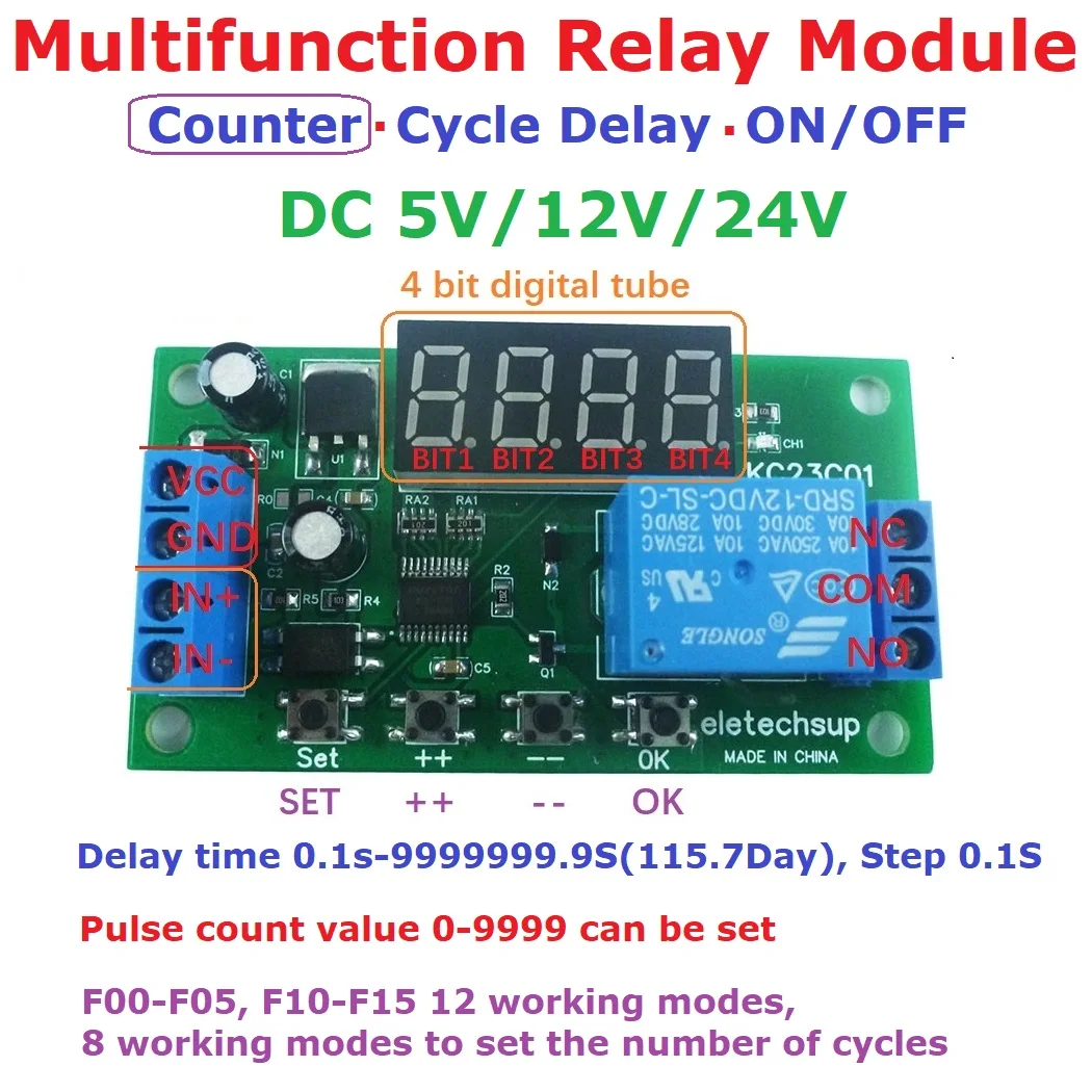 다기능 펄스 카운터 트리거 지연 타이머 릴레이, 스마트 홈용 간단한 PLC 모듈, DC 5V, 12V, 24V, 1 개